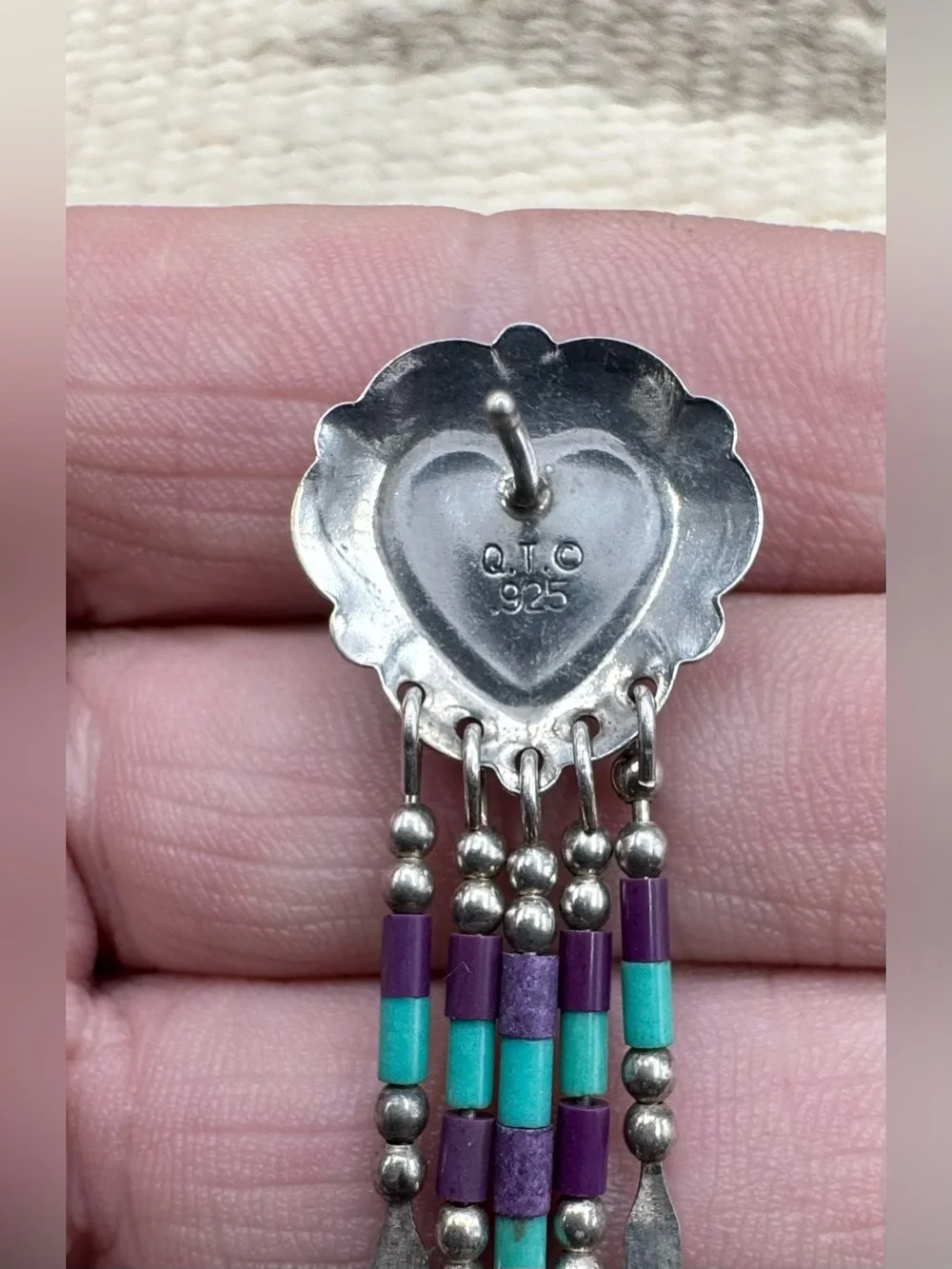 Quoc Southwest Sterling Silver Faux Turquoise Sugilte Heart Dangle Earrings